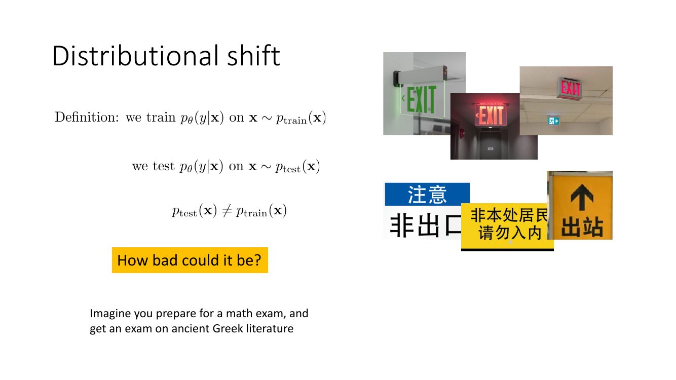 分布漂移的定义：训练时 x 服从 p_train，测试时服从 p_test，两者不等；配图是各国不同样式的出口标志