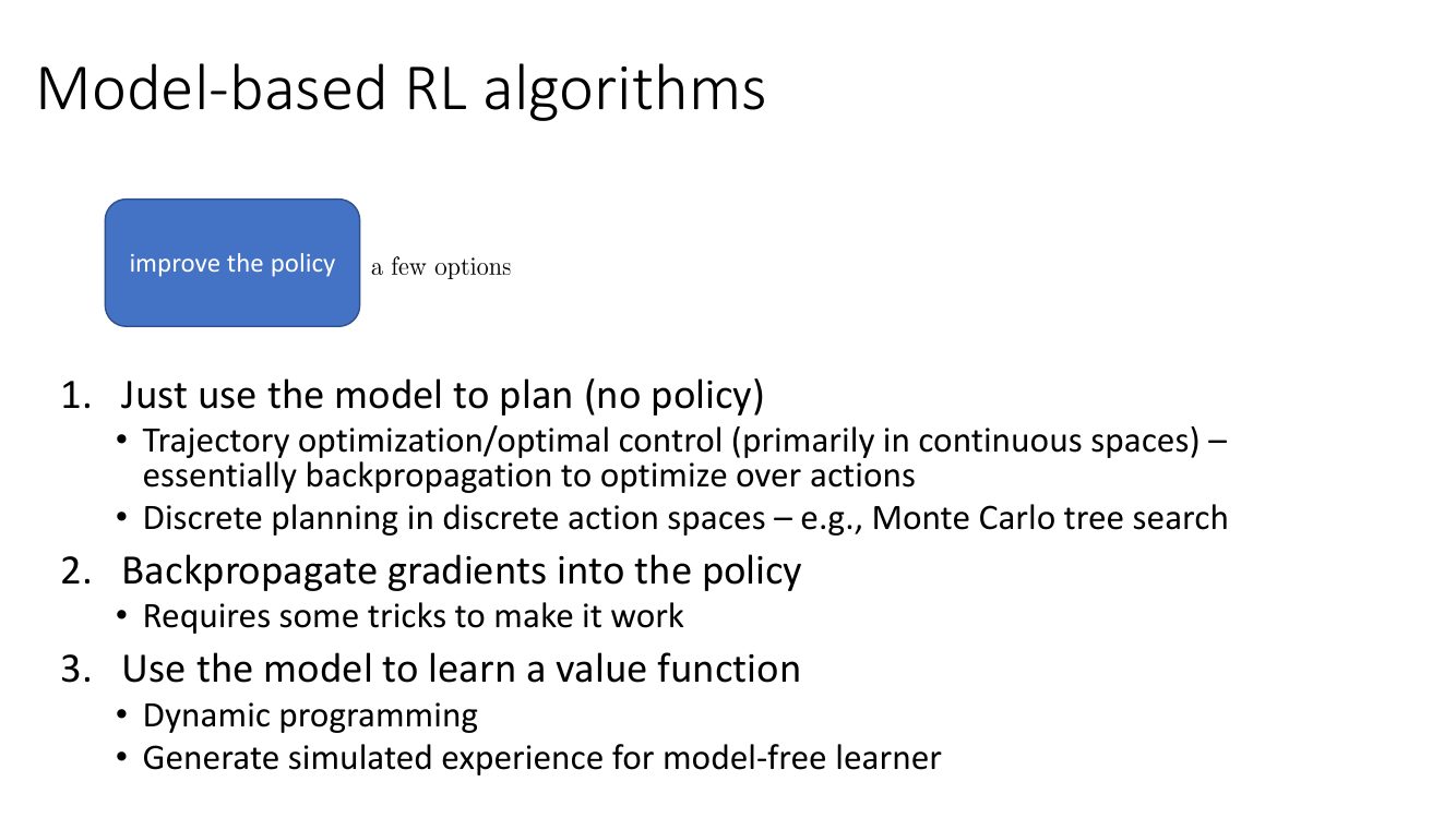 Model-based RL 中「改进策略」的三种做法：纯规划、反向传播到策略、用模型学值函数