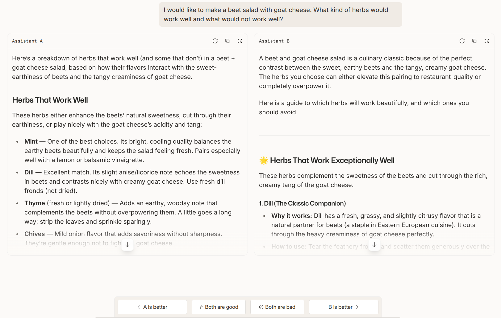 Chatbot Arena 界面截图：用户输入甜菜根山羊奶酪沙拉的香草搭配问题，左右两栏分别是 Model A 和 Model B 的匿名回答，下方是「A 更好 / B 更好 / 平局 / 都很差」四个投票按钮。