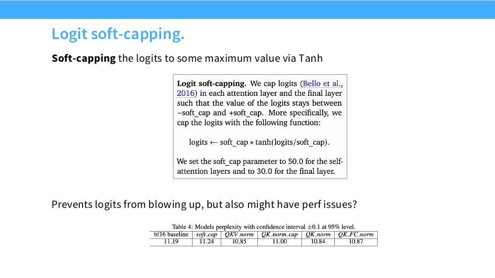 Gemma 2 的 logit soft-capping 描述与困惑度对比表