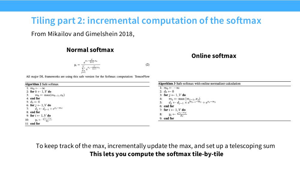 Milakov & Gimelshein 2018 的 Safe softmax 算法与 Safe softmax with online normalizer calculation 算法对比