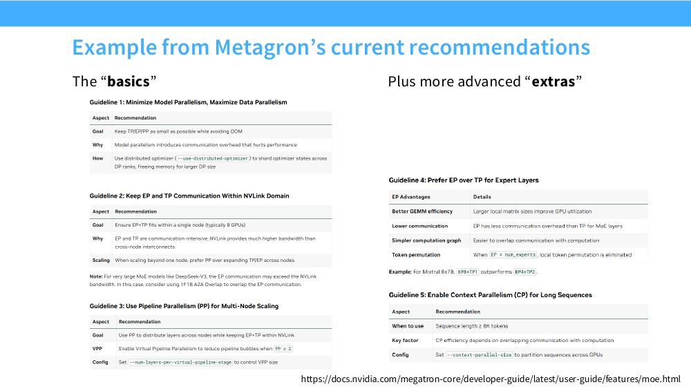 Megatron Core 的五条 guideline 表格：最小化模型并行最大化数据并行、EP×TP 保持在 NVLink 域内、用 PP 做多节点扩展、专家层优先 EP、长序列启用 CP