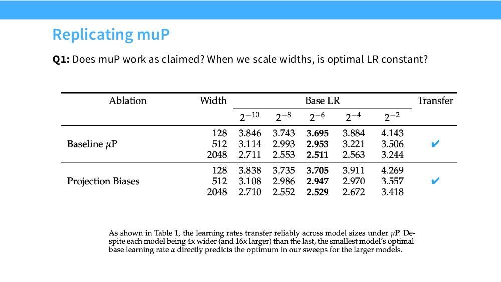 muP 基线与加入 projection bias 后的跨宽度学习率迁移实验表