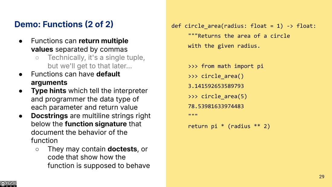 Demo: Functions (2 of 2) 幻灯片，展示带默认参数、类型提示和 docstring 的 circle_area