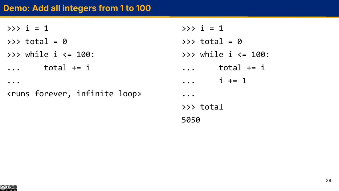 Demo: Add all integers from 1 to 100，左边死循环右边正确