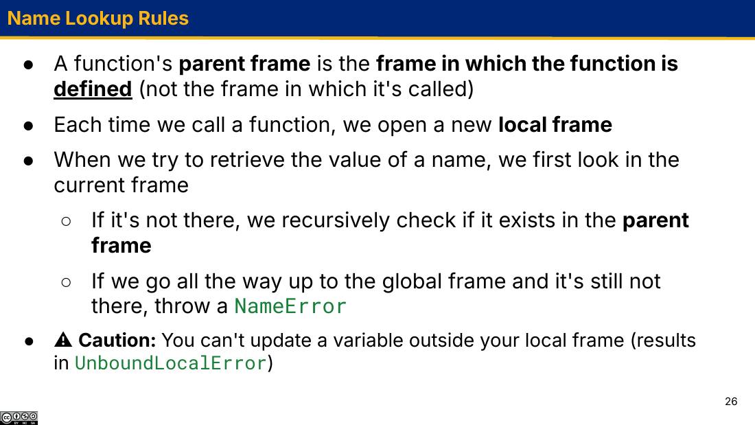Name Lookup Rules 幻灯片：父帧的定义、局部帧、查找顺序与 UnboundLocalError 警告