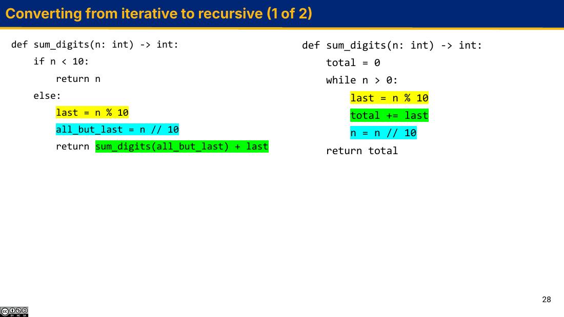 Converting from iterative to recursive (1 of 2)：左边递归版，右边 while 循环版，三处对应代码用同色高亮
