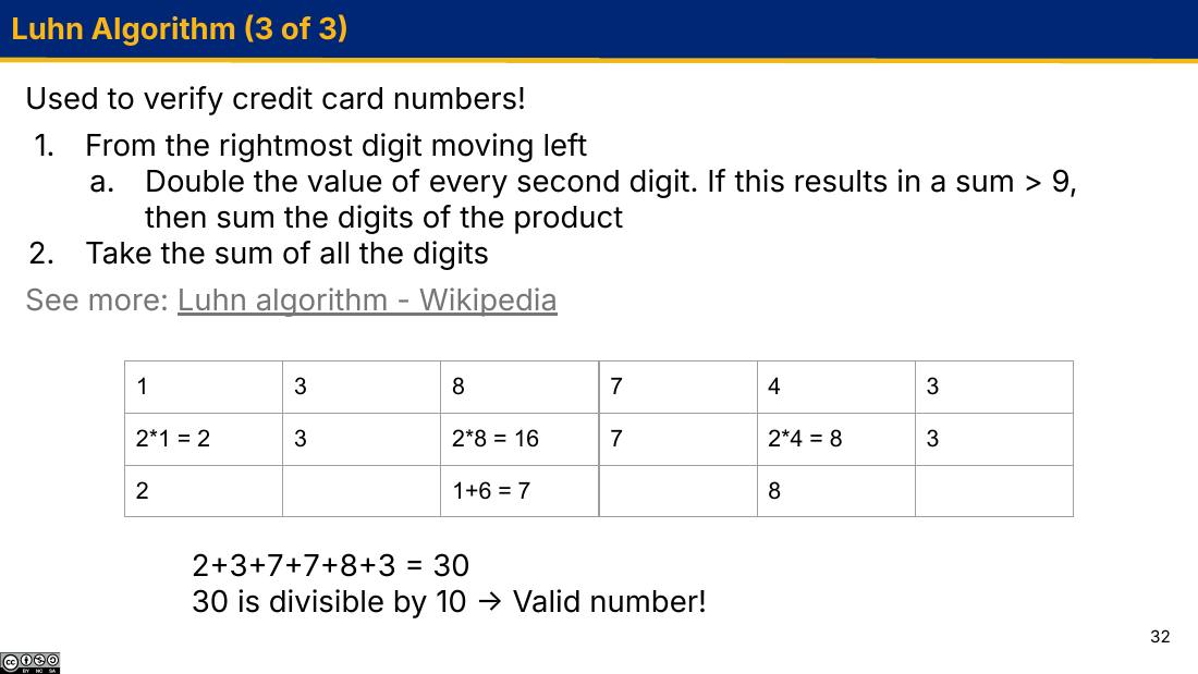 Luhn Algorithm (3 of 3)：以 138743 为例的三行表格计算过程