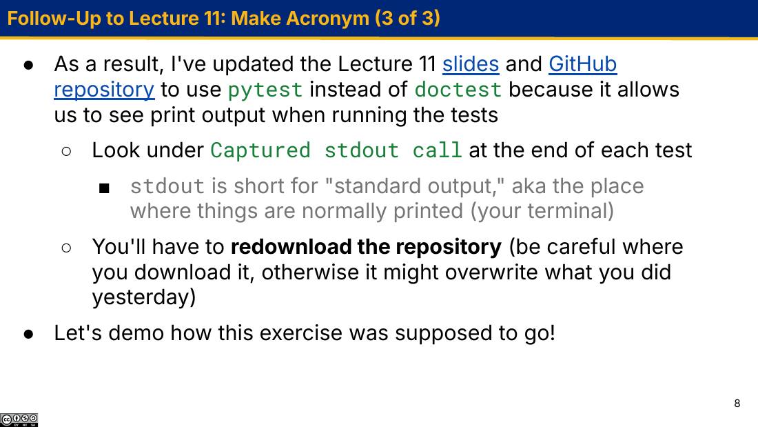 Follow-Up to Lecture 11: Make Acronym (3 of 3) 幻灯片，说明改用 pytest