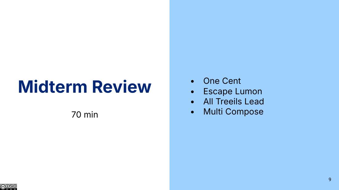 Midterm Review 章节页，右侧列出 One Cent、Escape Lumon、All Treeils Lead、Multi Compose 四题