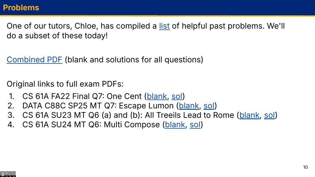 Problems 幻灯片，列出四道往年考题及各自的 blank / sol PDF 链接