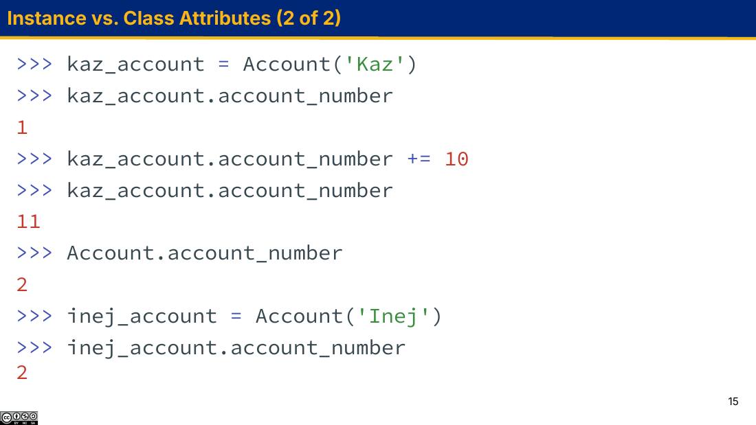 Instance vs. Class Attributes (2 of 2) 幻灯片：kaz_account 的一串交互
