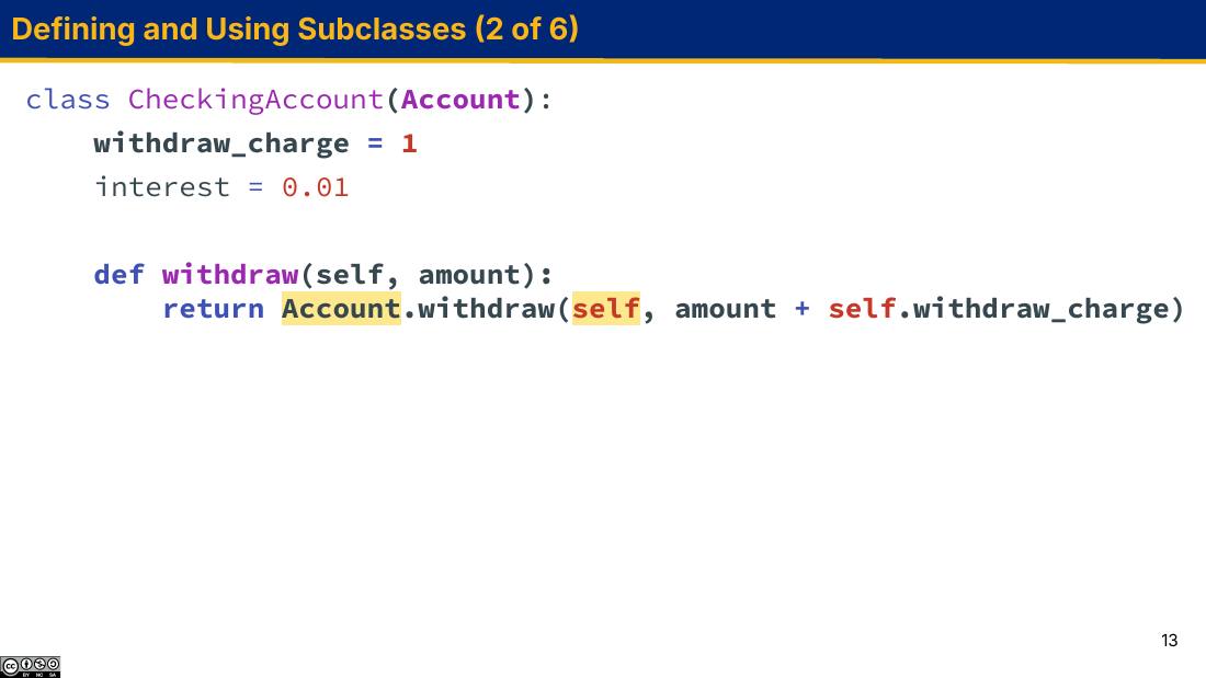 CheckingAccount 用 Account.withdraw(self, amount + self.withdraw_charge) 调用基类方法，self 被高亮