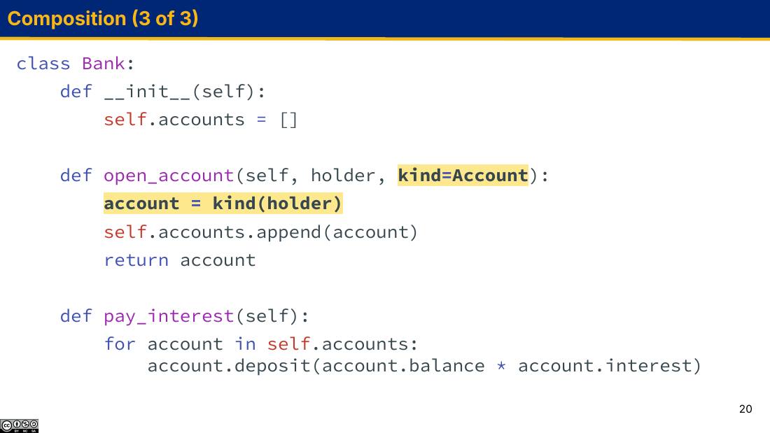 Bank 类：accounts 列表、open_account 接受 kind 参数、pay_interest 遍历账户