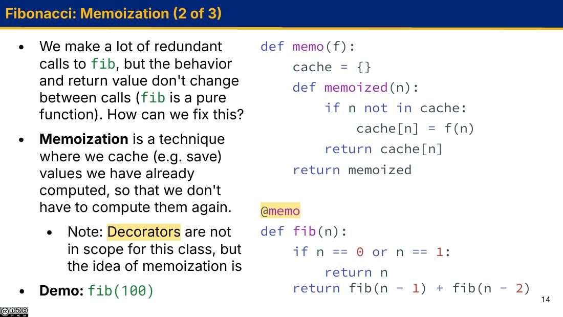 Fibonacci: Memoization 幻灯片，含 memo 函数与 @memo 装饰的 fib