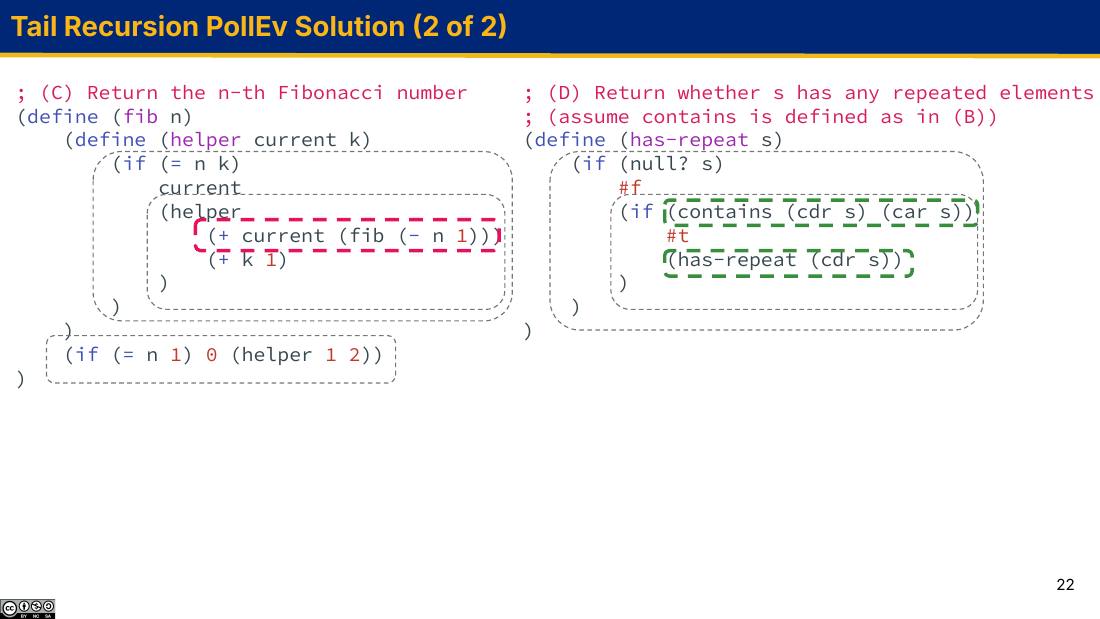 Tail Recursion PollEv Solution 幻灯片：(C) fib 与 (D) has-repeat 的尾上下文标注