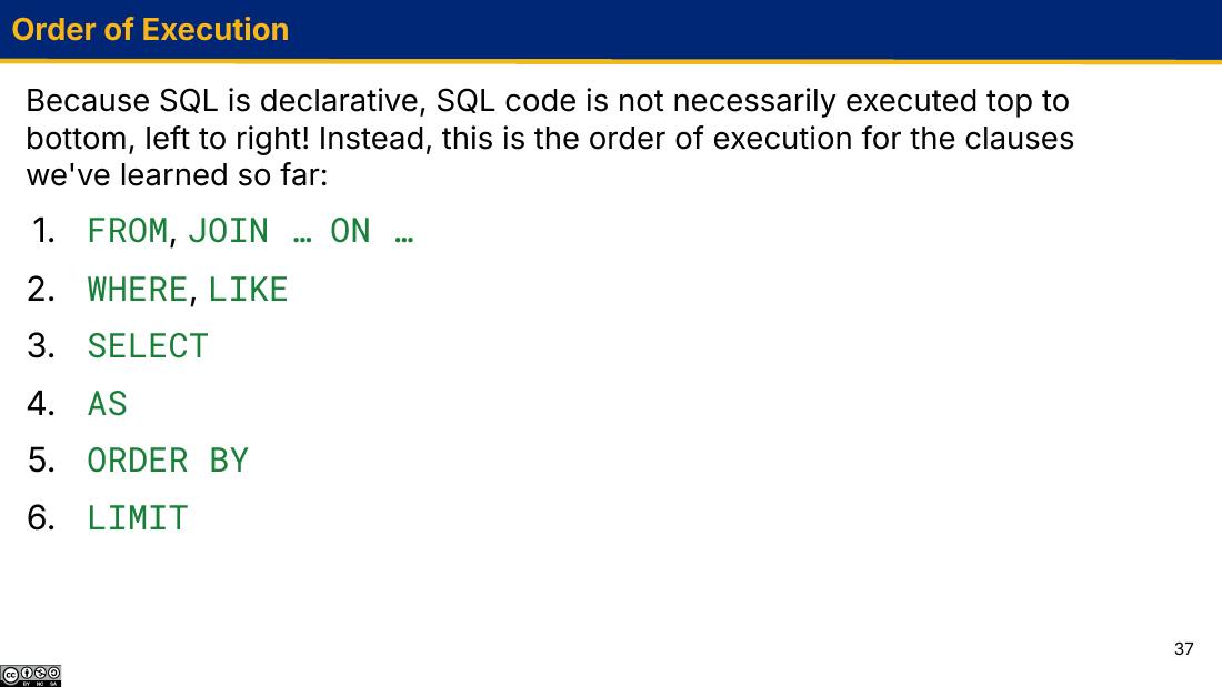 SQL 子句的执行顺序：FROM/JOIN ON、WHERE/LIKE、SELECT、AS、ORDER BY、LIMIT
