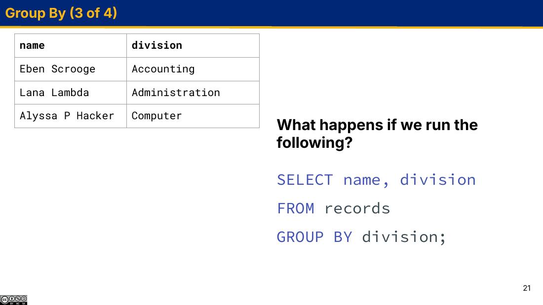Group By (3 of 4)：GROUP BY division 之后每组只剩一个 name