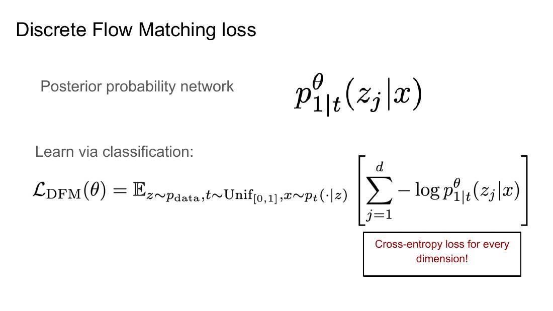 离散 flow matching 损失：后验概率网络 + 逐维交叉熵